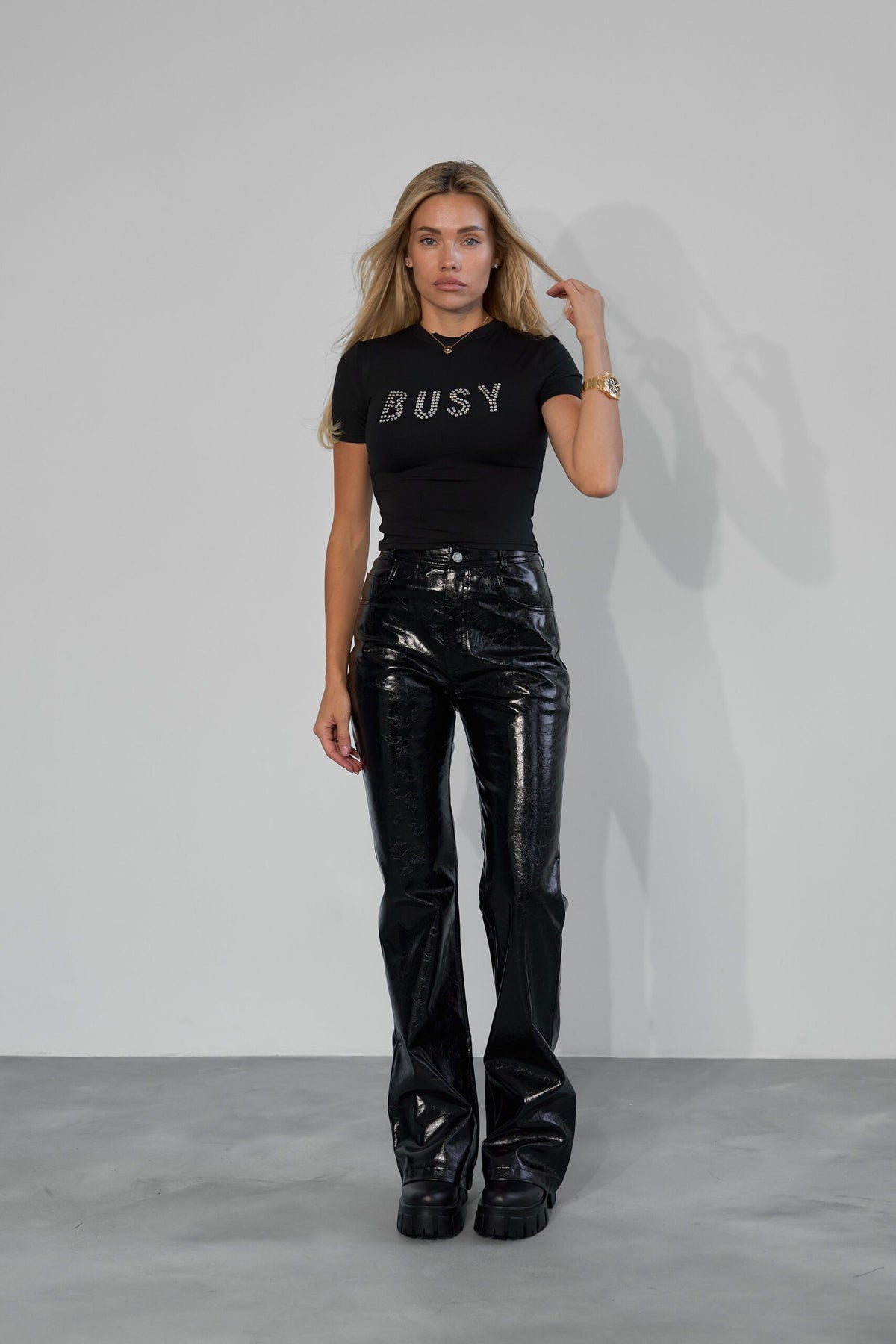 Штани з блискучої еко шкіри